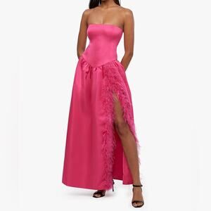 REVOLVE Strapless Pink Feather-Trim Maxi Dress